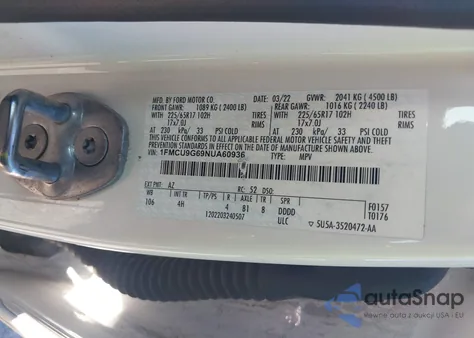 2022 Ford Escape Se z USA, uszkodzony, nr VIN 1FMCU9G69NUA60936